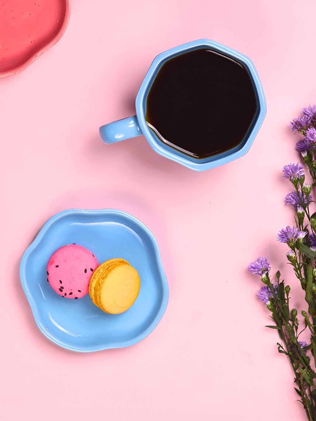 

WEAVING HOMES Blue 2 Pieces Ceramic Glossy Finished Mug With Dessert Plate