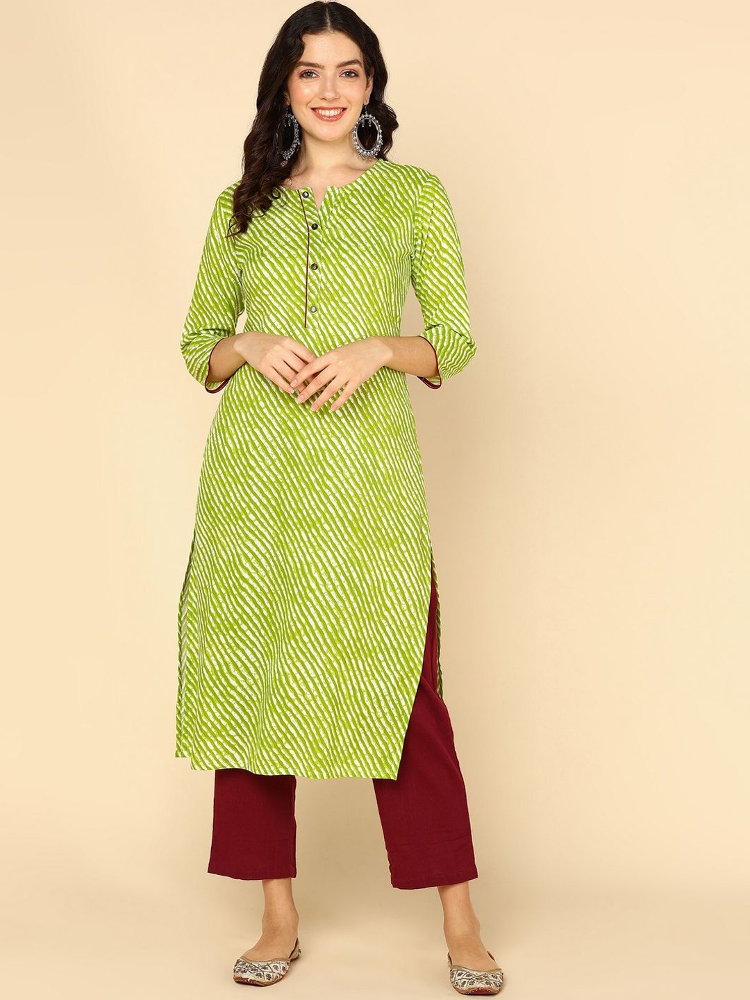 

Shiv ali apparels Leheriya Printed Round Neck Straight Kurta, Green