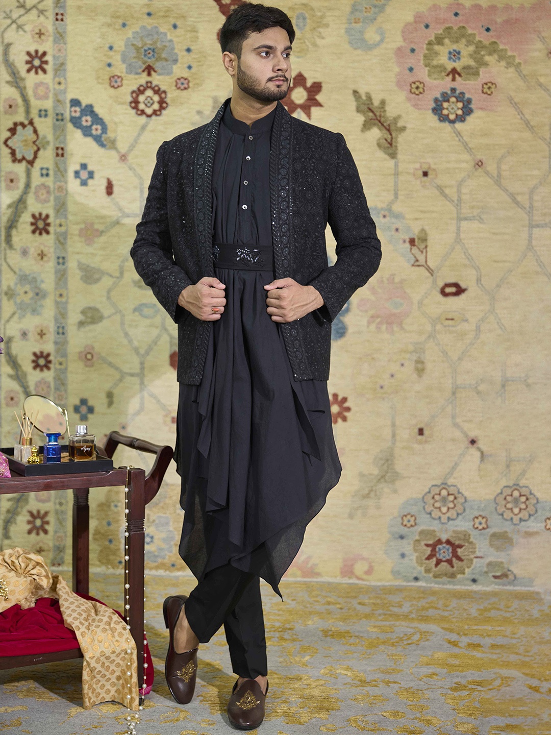 

Agrajain Layered Chikankari A-Line Kurta With Pyjamas & Embroidered Jacket, Black