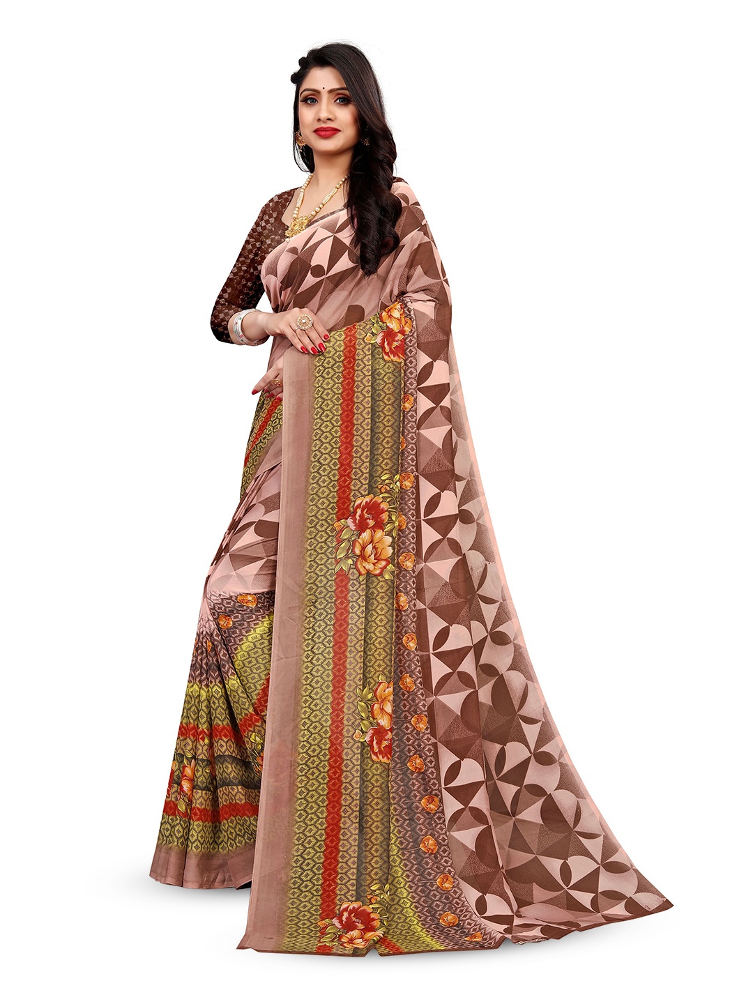 

RUNAYA NX Floral Pure Georgette Saree, Brown