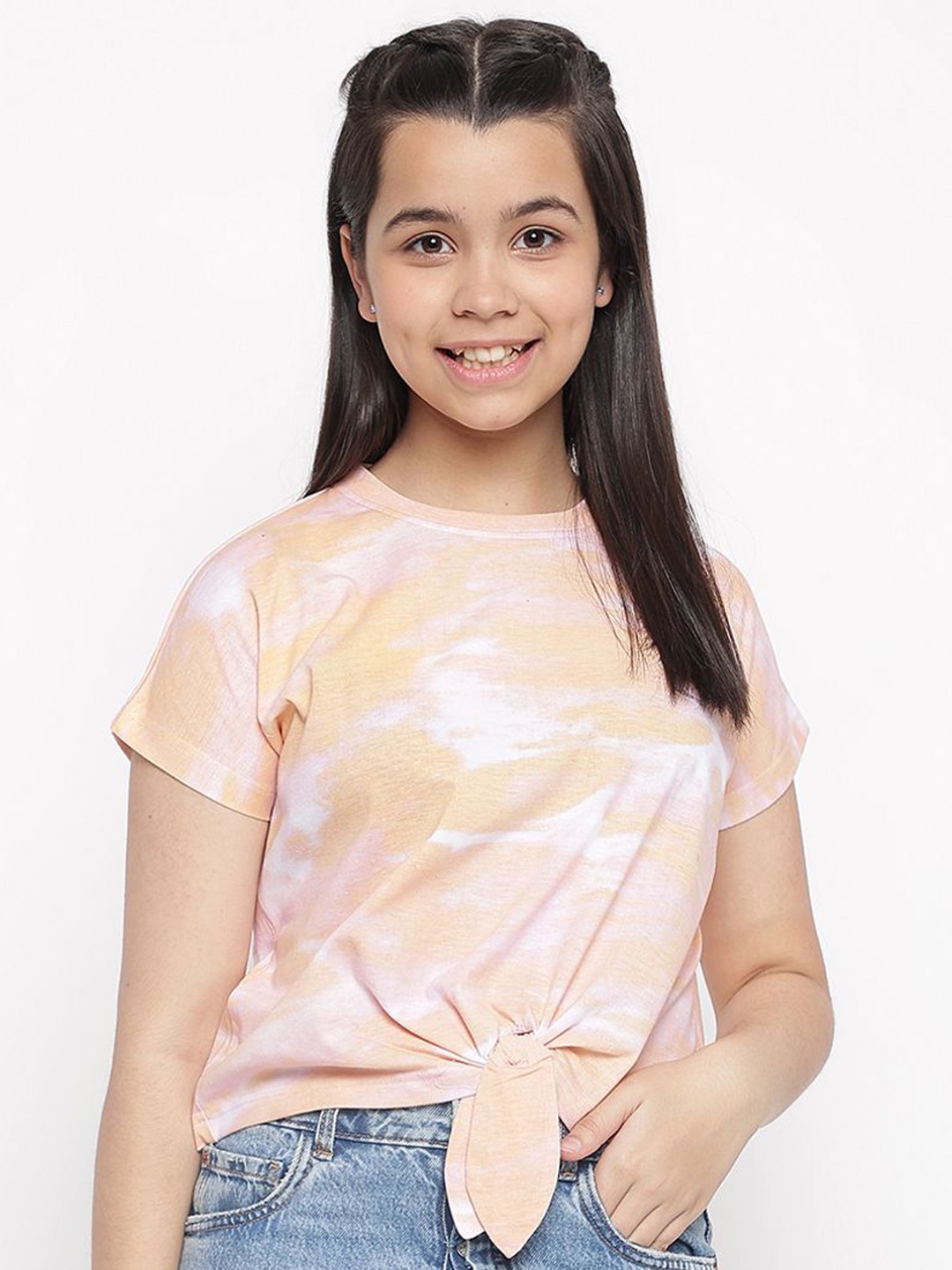 

Lil Tomatoes Girls Abstract Printed Round Neck Cotton Top, Peach