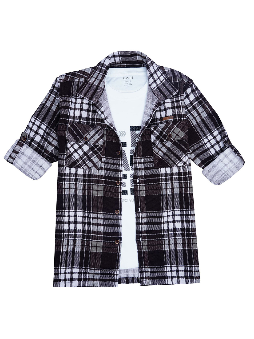 

CAVIO Boys Comfort Tartan Checked Casual Shacket Shirt and T-Shirt, Black