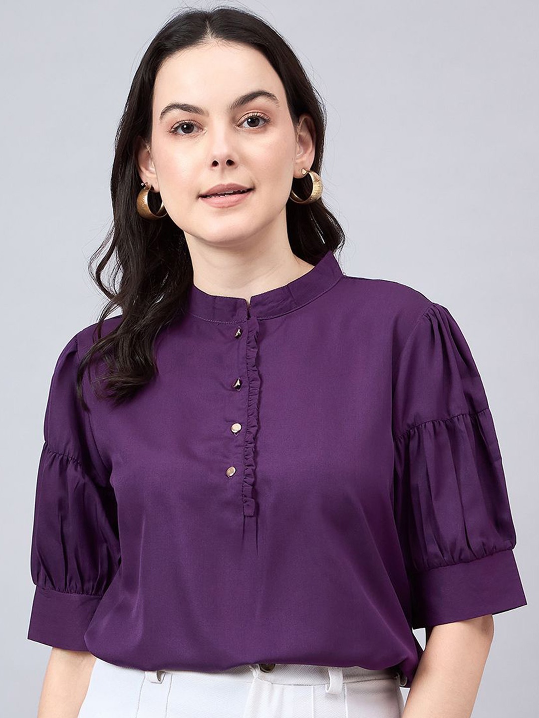 

Style Quotient Women Solid Mandarin Collar Top, Purple