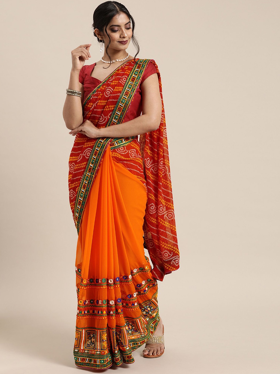 

KALINI Bandhani Embroidered Pure Georgette Bandhani Saree, Red