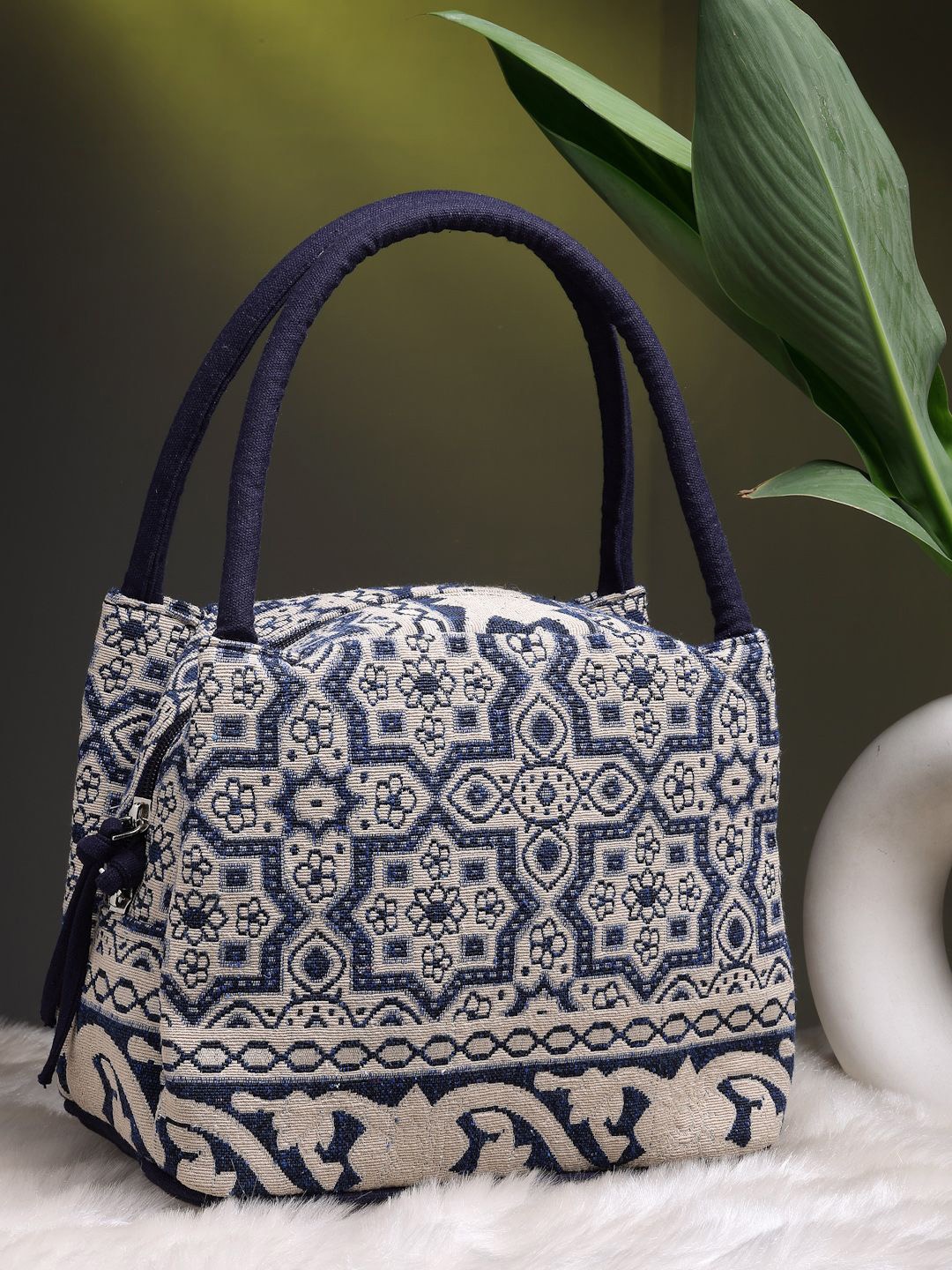 

Anekaant Tribal Abstract Cotton Jacquard Handheld Bag, Navy blue