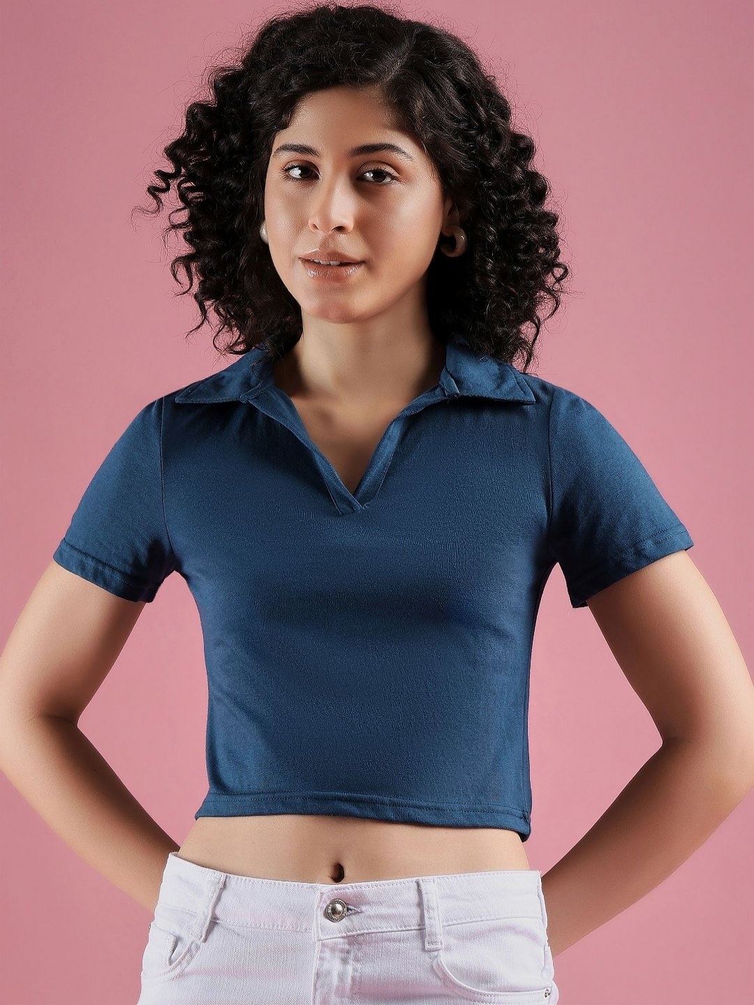 

DressBerry Women Solid Polo Collar Cotton T-Shirt, Teal