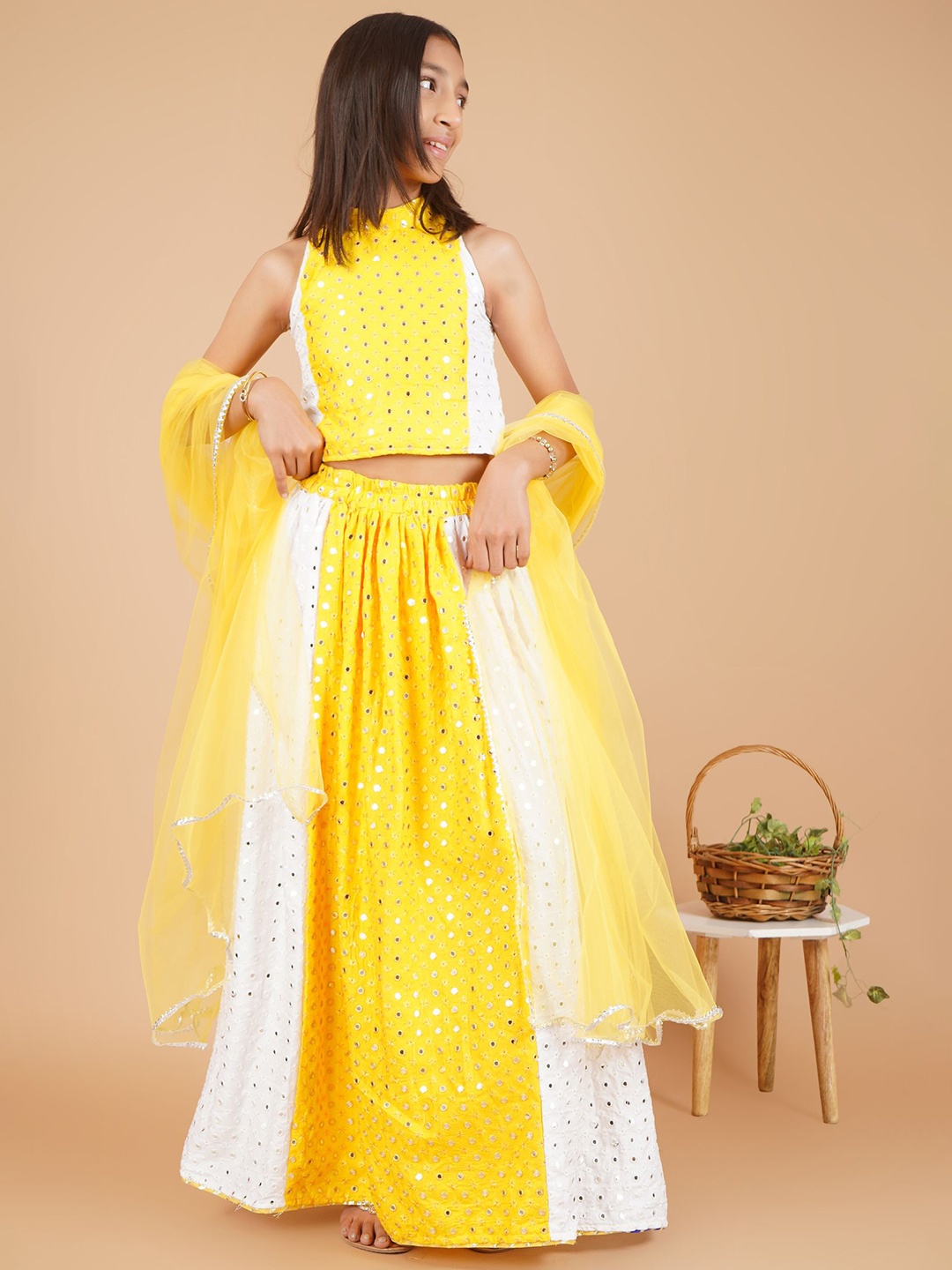 

Unique Designers Girls Embellished Mirror Work Ready to Wear Lehenga & Blouse With Dupatta, Yellow