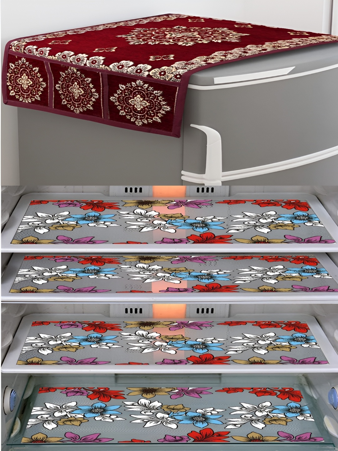 

Dakshya Industries Maroon & Blue 5 Pieces Printed Fridge Top Cover & Mats