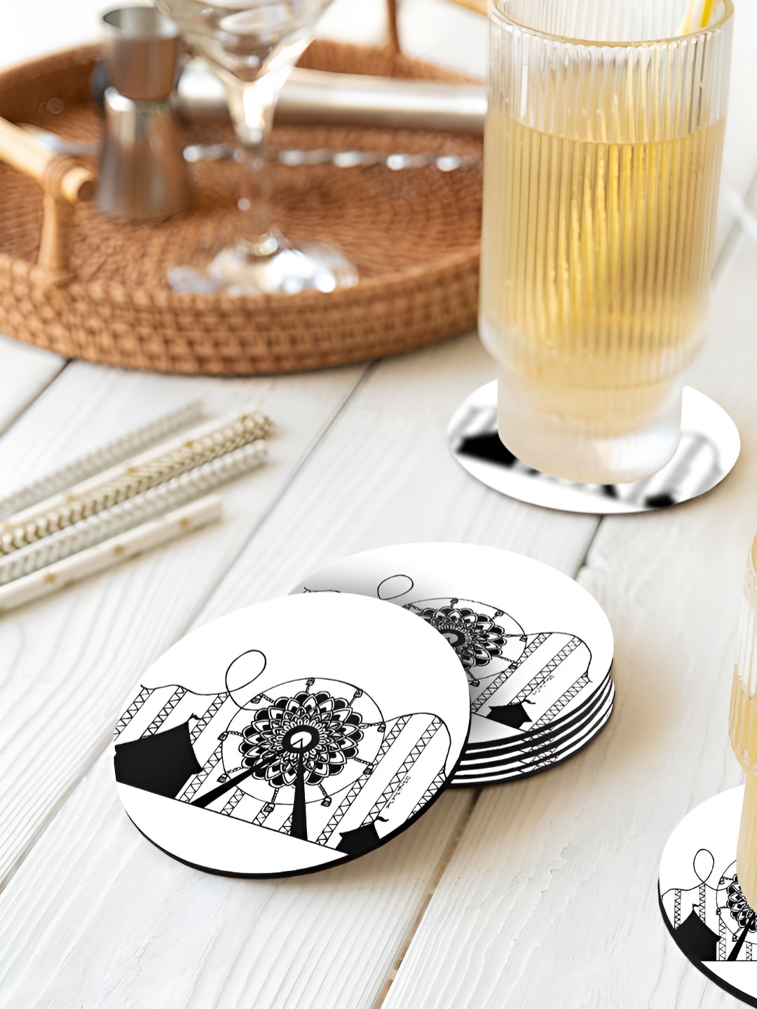 

macmerise White & Black 6 Pieces Ferris Wheel Printed Wooden Circular Coasters