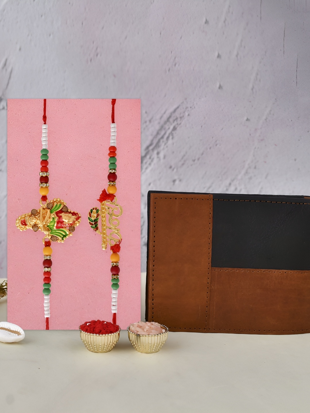 

Ascension Set Of 2 Rakhi With Wallet & Roli Chawal, Gold