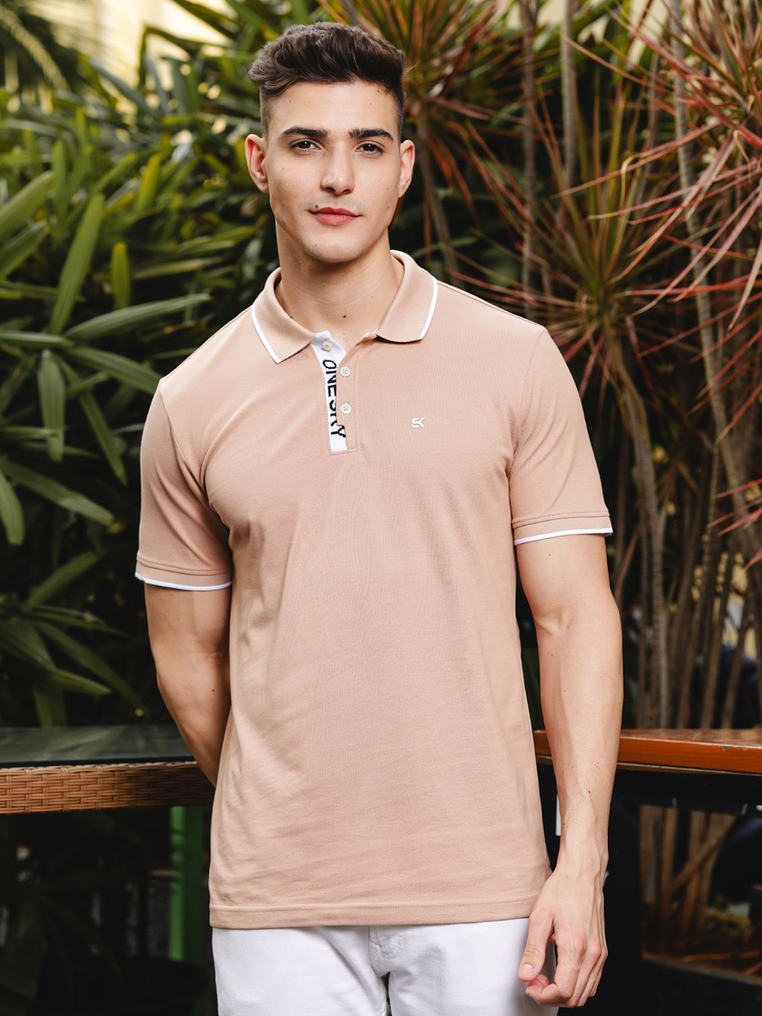 

ONE SKY Men Solid Polo Collar Cotton T-Shirt, Peach