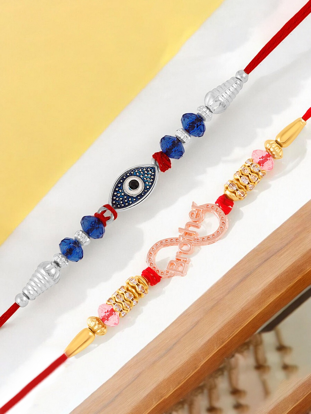 

Okos Set Of 2 Rose Gold & Rhodium Plated Evil Eye Infinity Thread Rakhis, Silver
