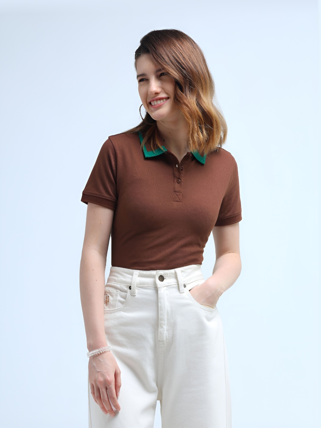 

U.S. Polo Assn. Women Solid Polo Collar T-shirt, Brown