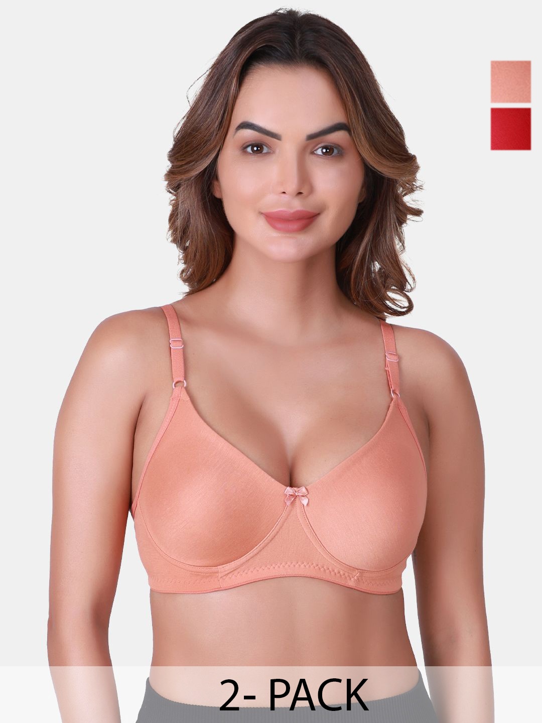 

SKDREAMS Pack Of 2 Full Coverage Seamless Non Padded T-Shirt Bra, Peach