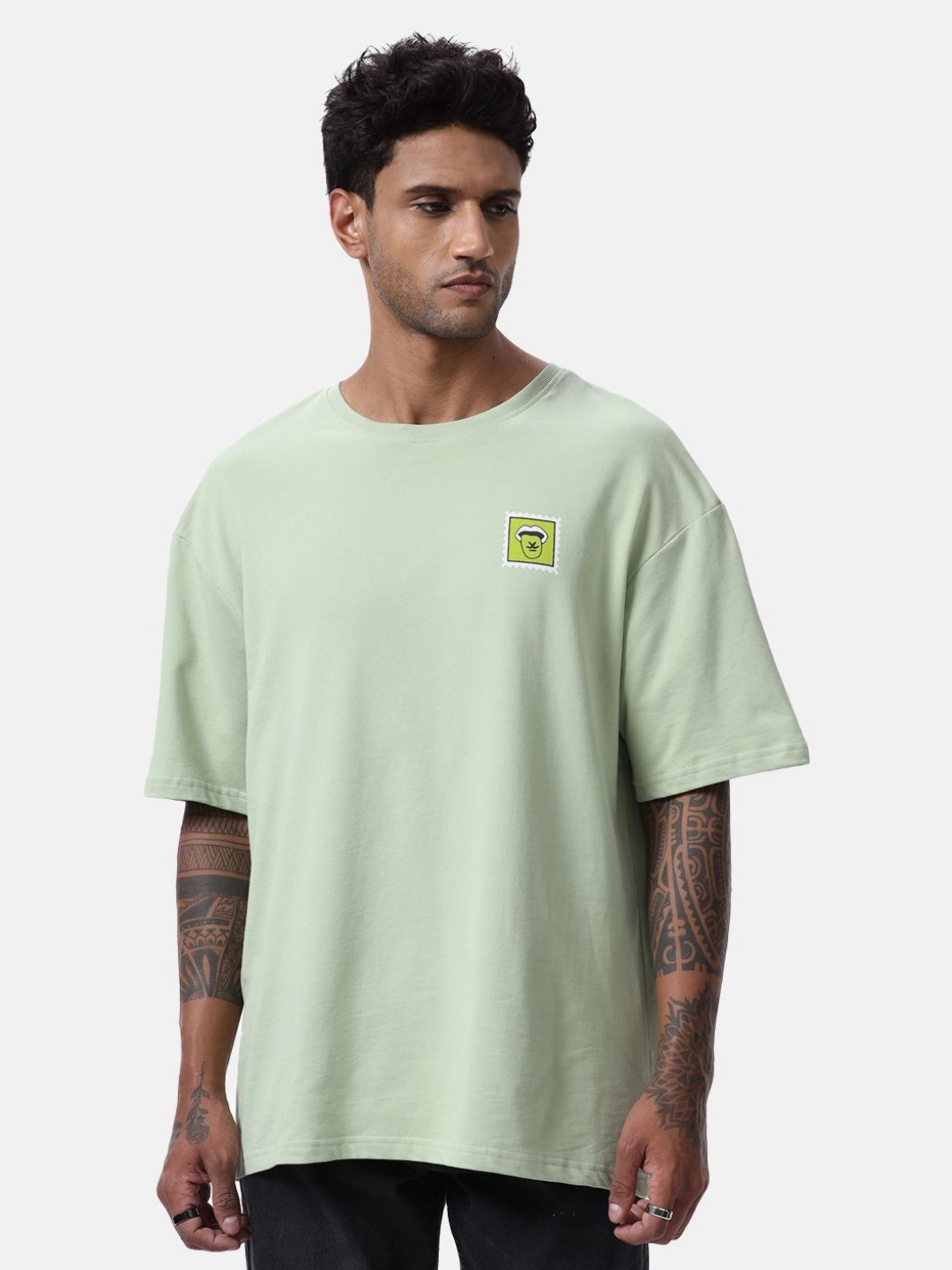 

WROGN Men Graphic Printed Round Neck Cotton Oversized T-shirt, Green