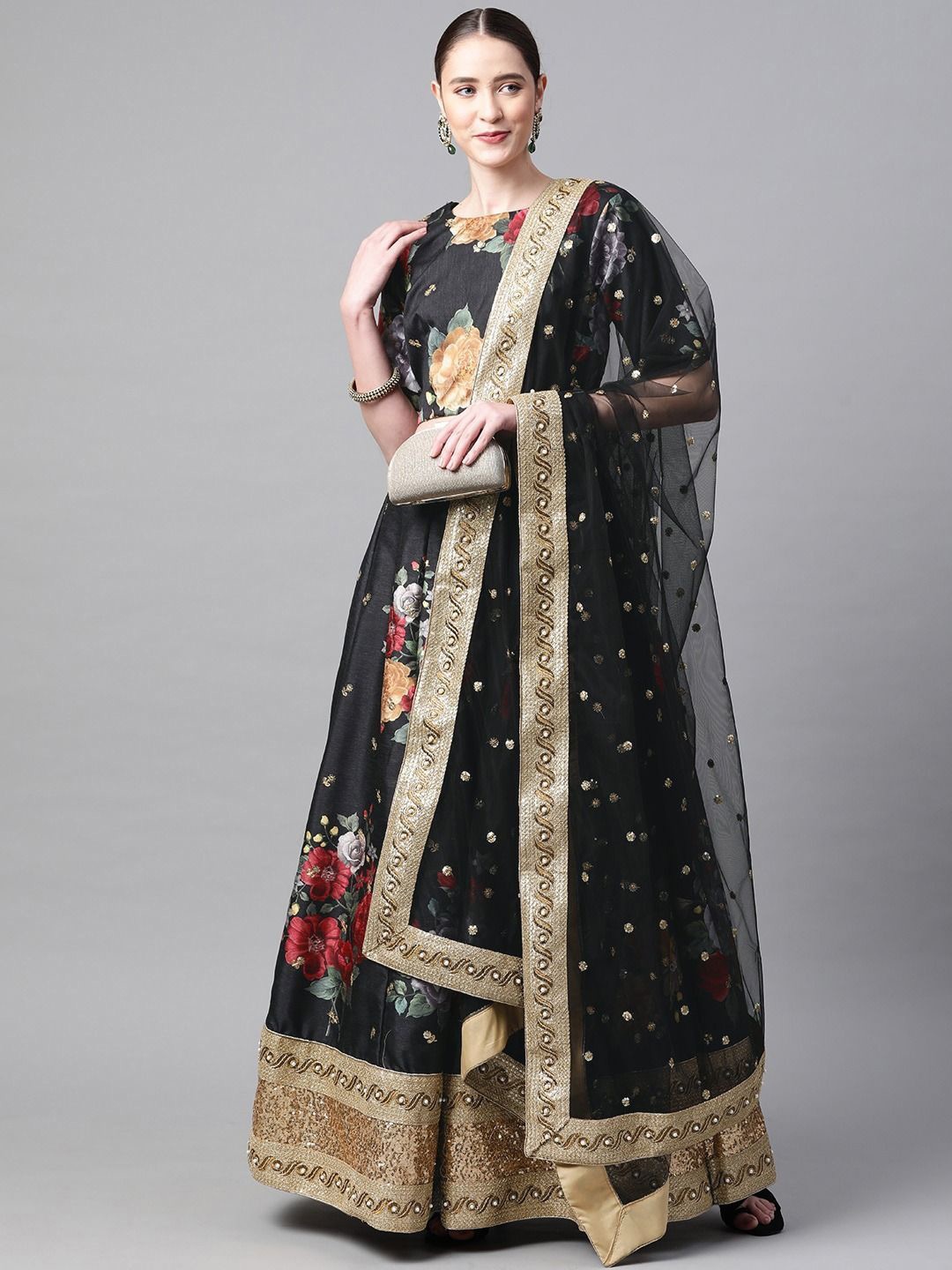 

FABPIXEL Sequinned Embroidered Semi-Stitched Lehenga & Unstitched Blouse With Dupatta, Black