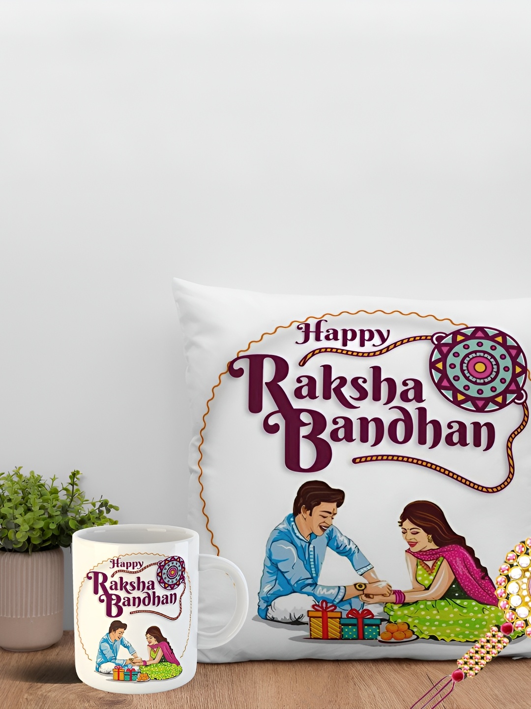 

ARTBUG Set Of 3 Rakhi With Printed Mug & Cushion, Gold