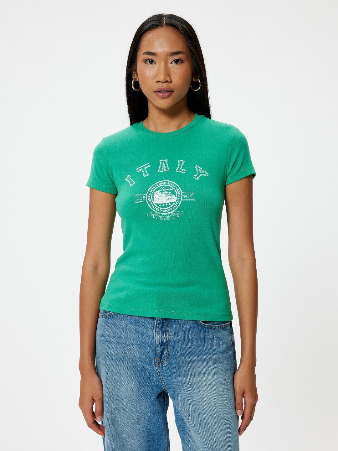 

Koton Women Typography Printed Round Neck Cotton T-Shirt, Green