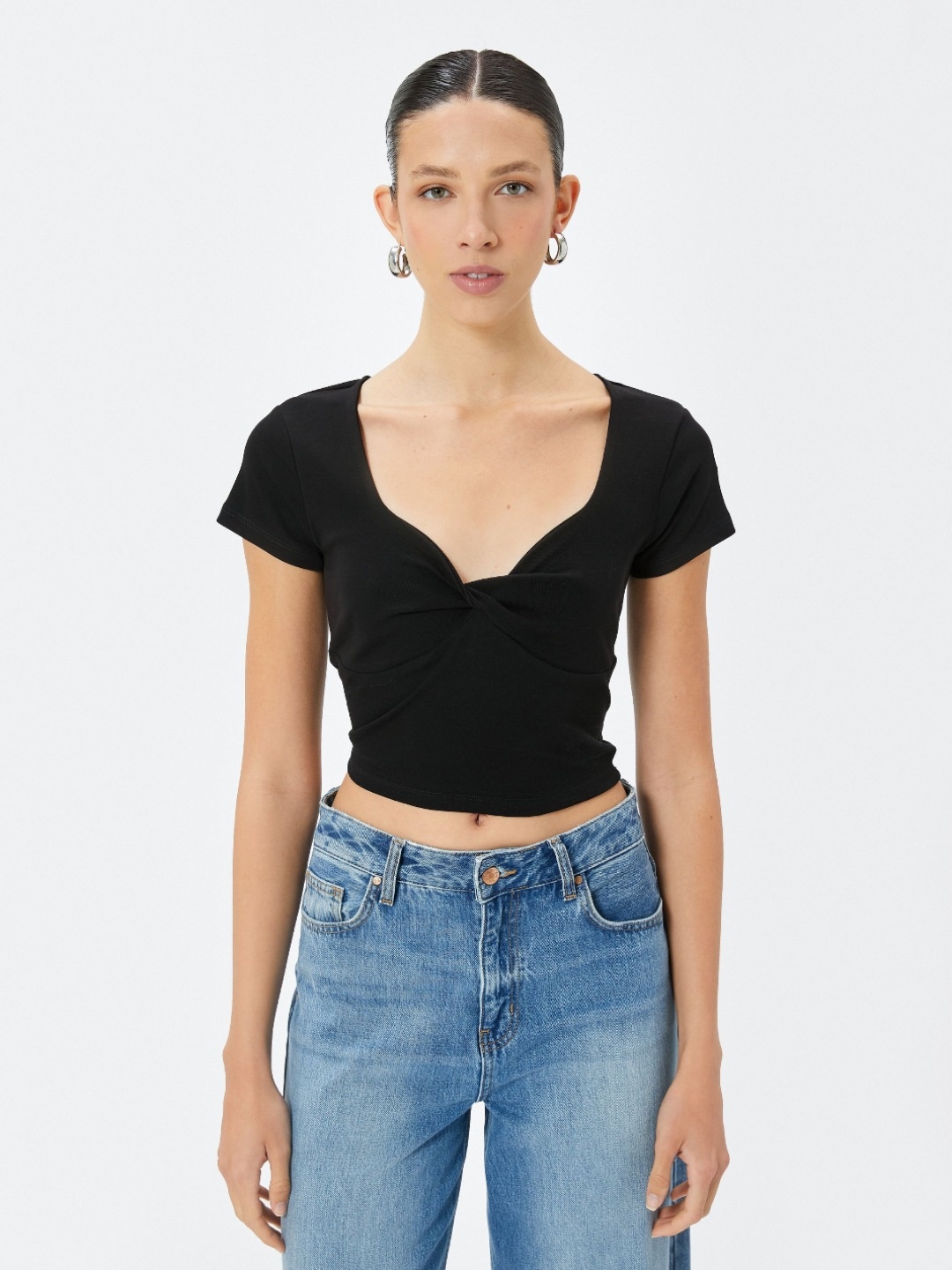 

Koton Women V-Neck Pockets T-shirt, Black