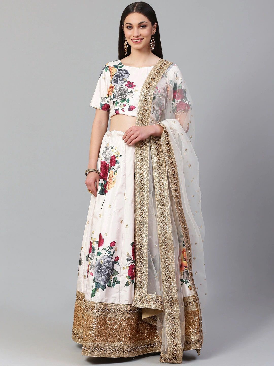 

FABPIXEL Sequin Embroidered Semi-Stitched Lehenga & Unstitched Blouse With Dupatta, Off white