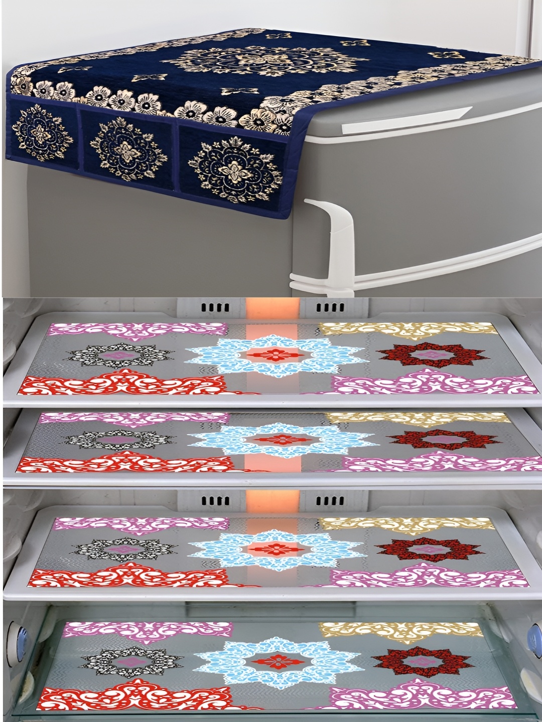 

Dakshya Industries Red & Yellow 5 Pieces Floral Printed Fridge Mats & Top Cover, Purple
