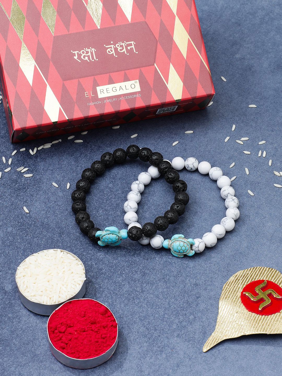 

EL REGALO Beaded Bhaiya Bhabhi Turtle Elasticated Rakhi, Black