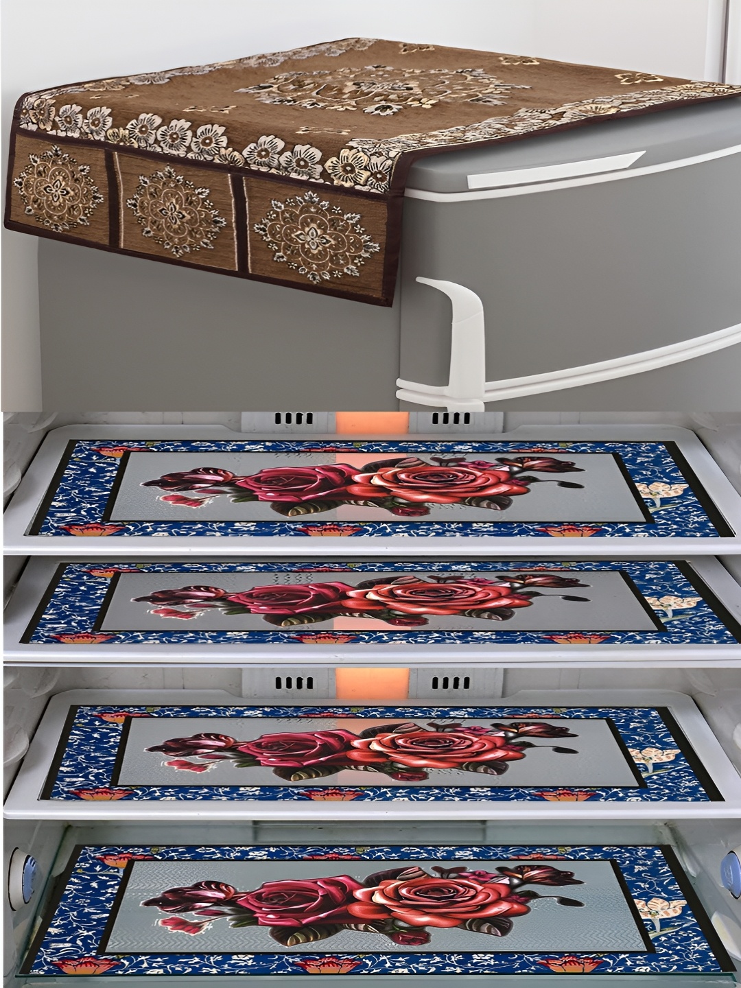 

LooMantha Blue & Brown 5 Pieces Printed Fridge Cover With Side Storage & Fridge Mat