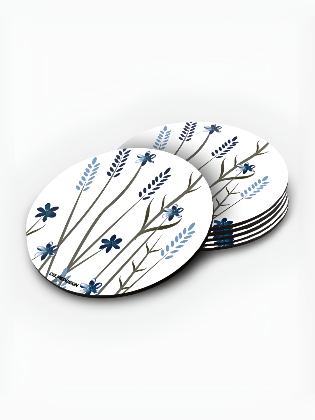 

macmerise White & Blue 6 Pieces Printed Wooden Round Coasters