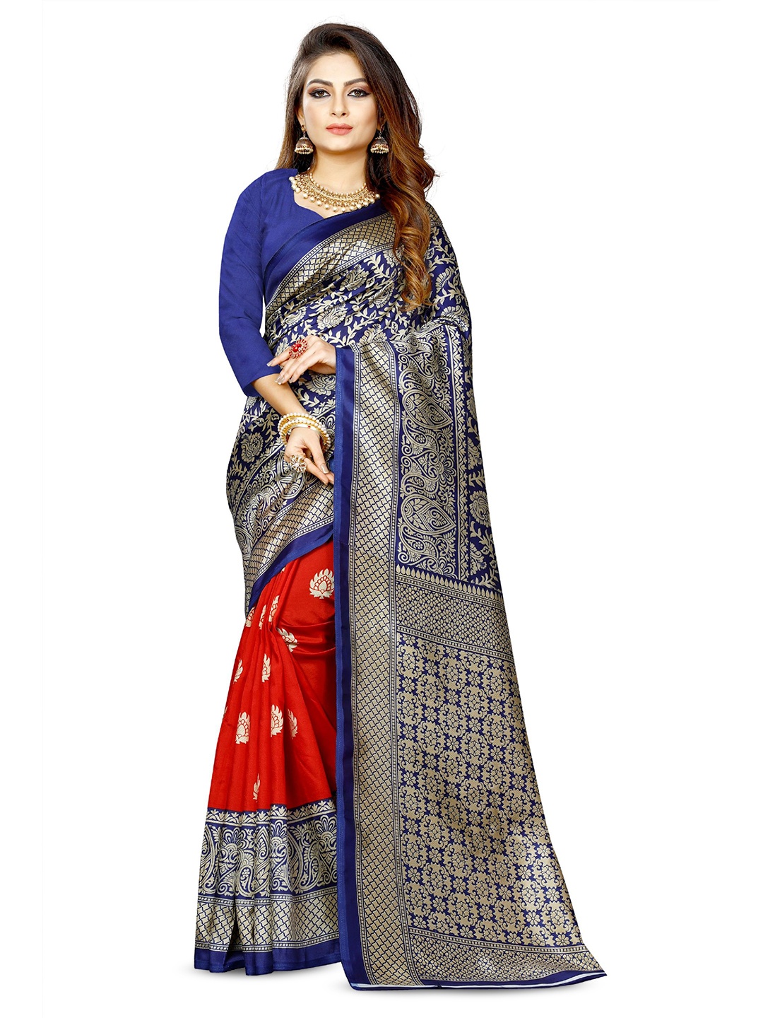 

RUNAYA NX Ethnic Motifs Zari Blend Silk Half and Half Saree, Navy blue