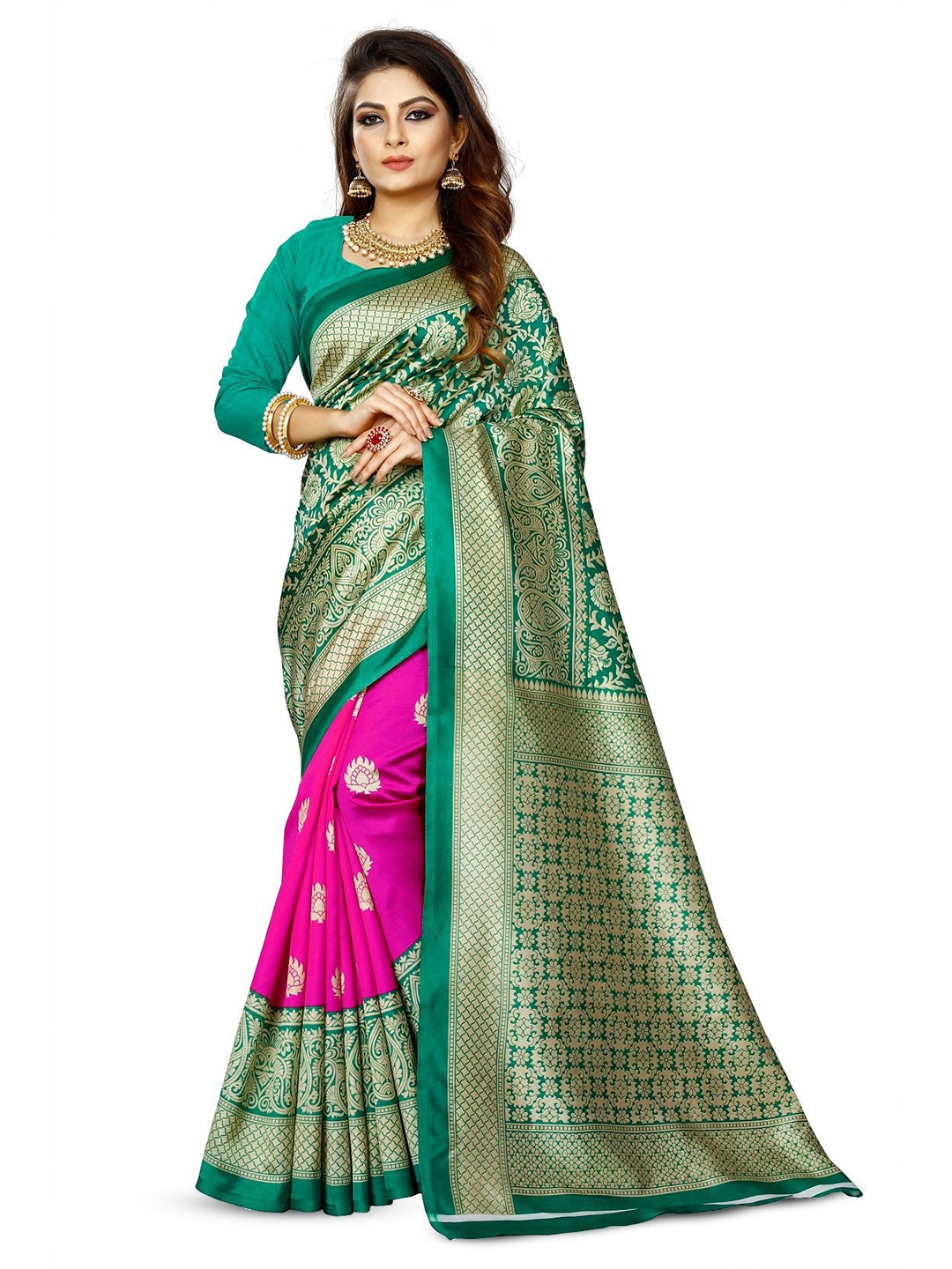 

RUNAYA NX Ethnic Motifs Zari Art Silk Woven Design Half and Half Saree, Green