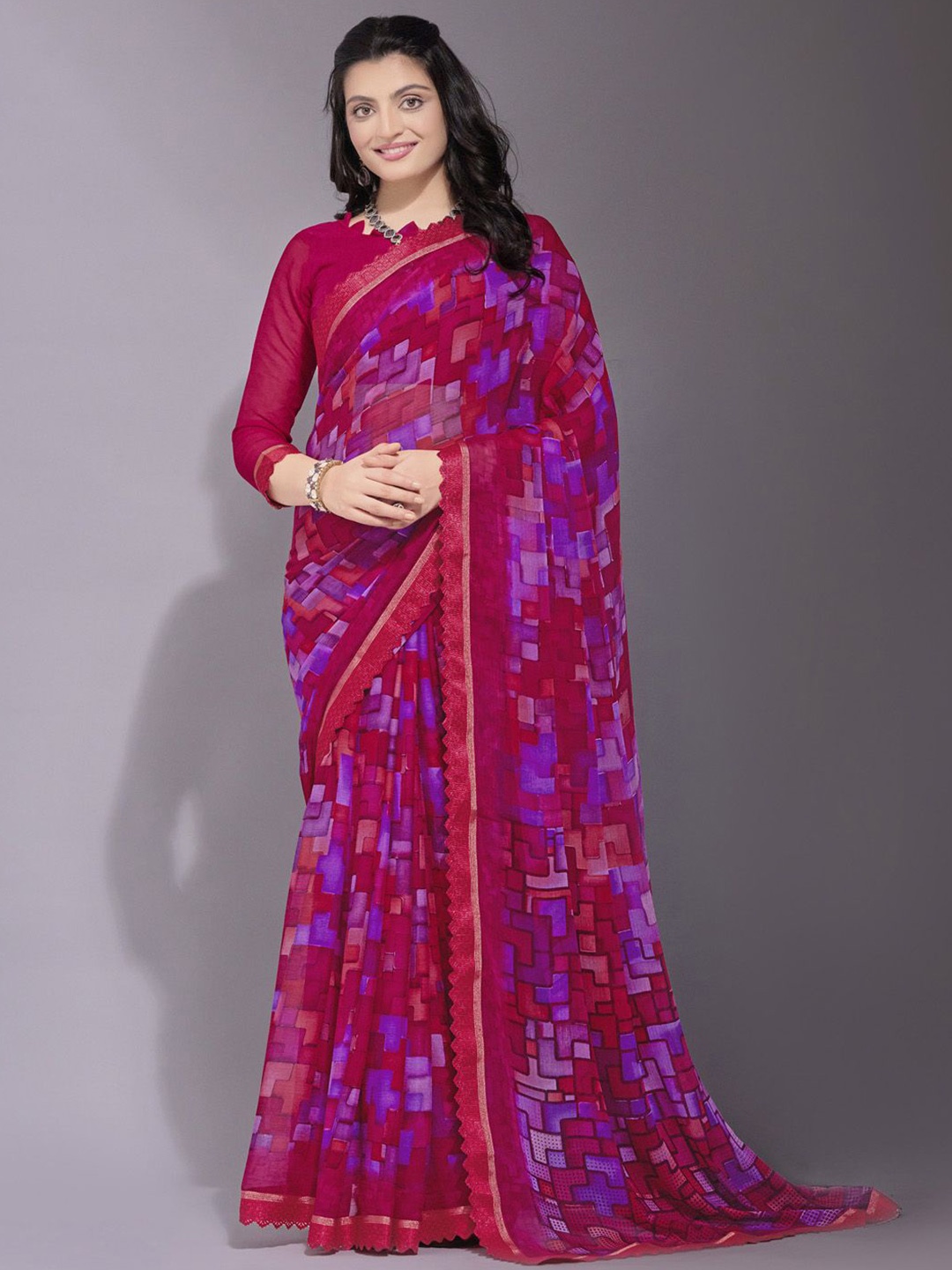 

KALINI Geometric Printed Bagh Saree, Pink