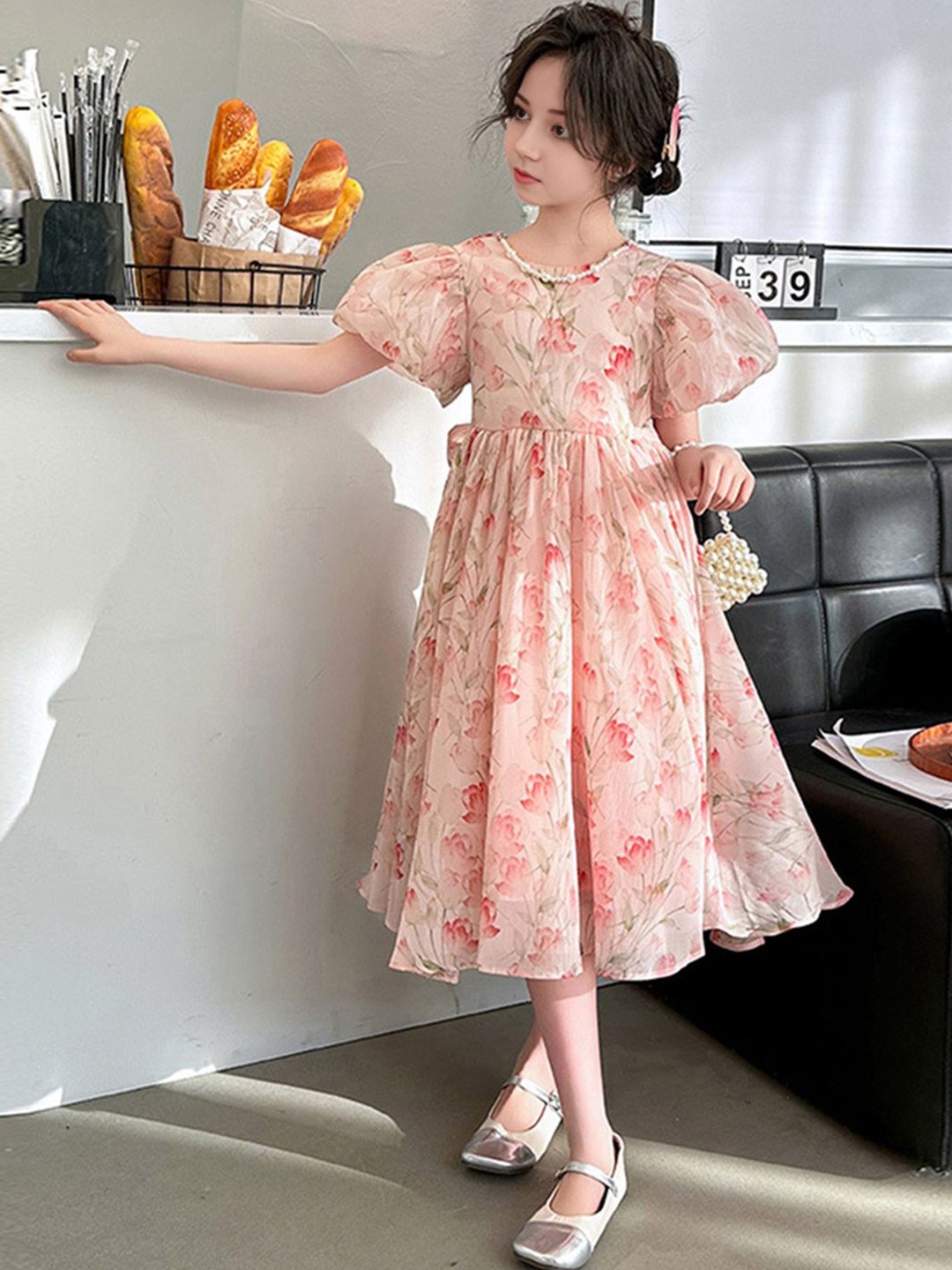 

INCLUD Girls Floral Printed Puff Sleeves Maxi Dress, Pink