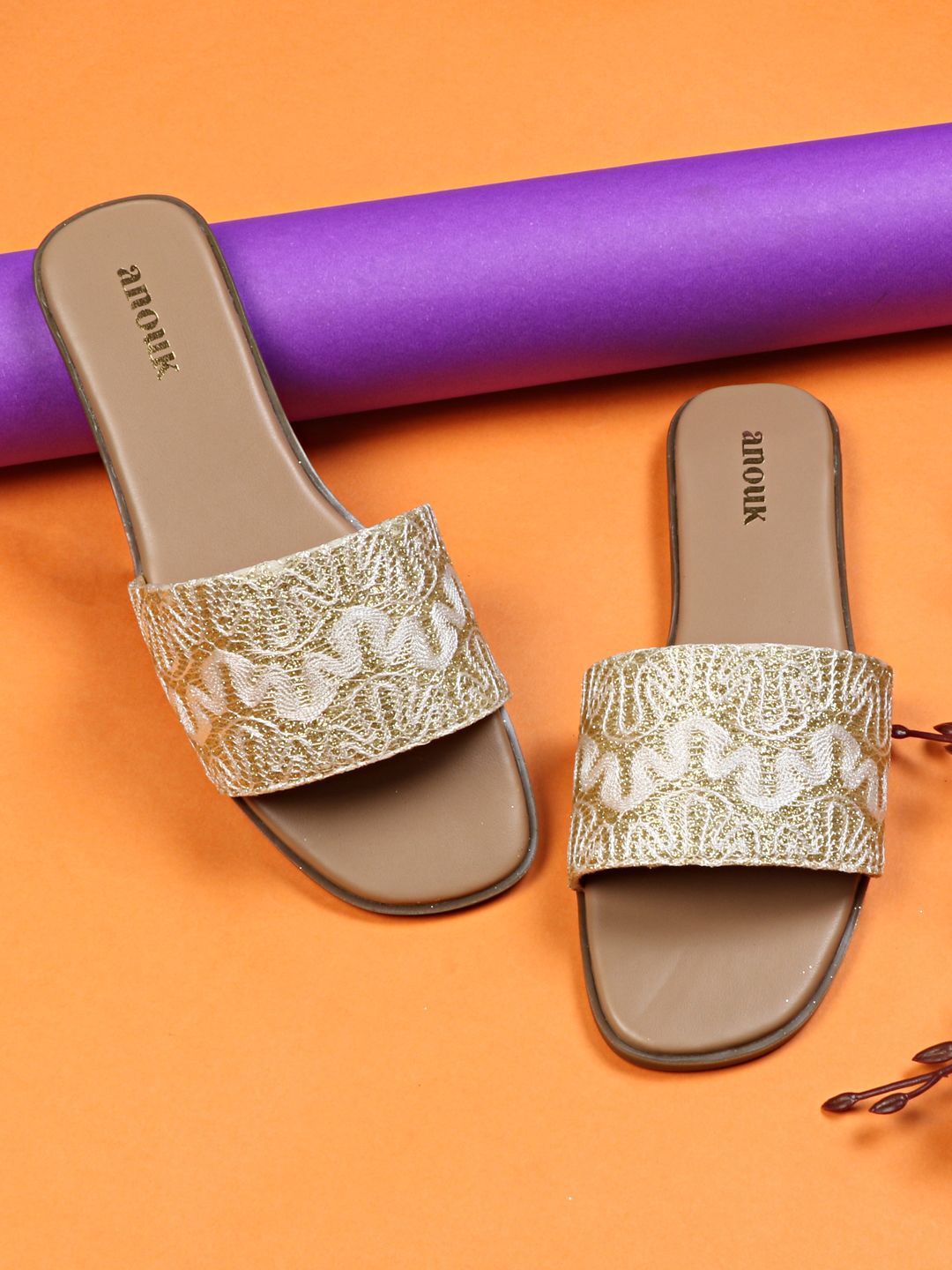 

Anouk Women Woven Design Open Toe Flats, Gold