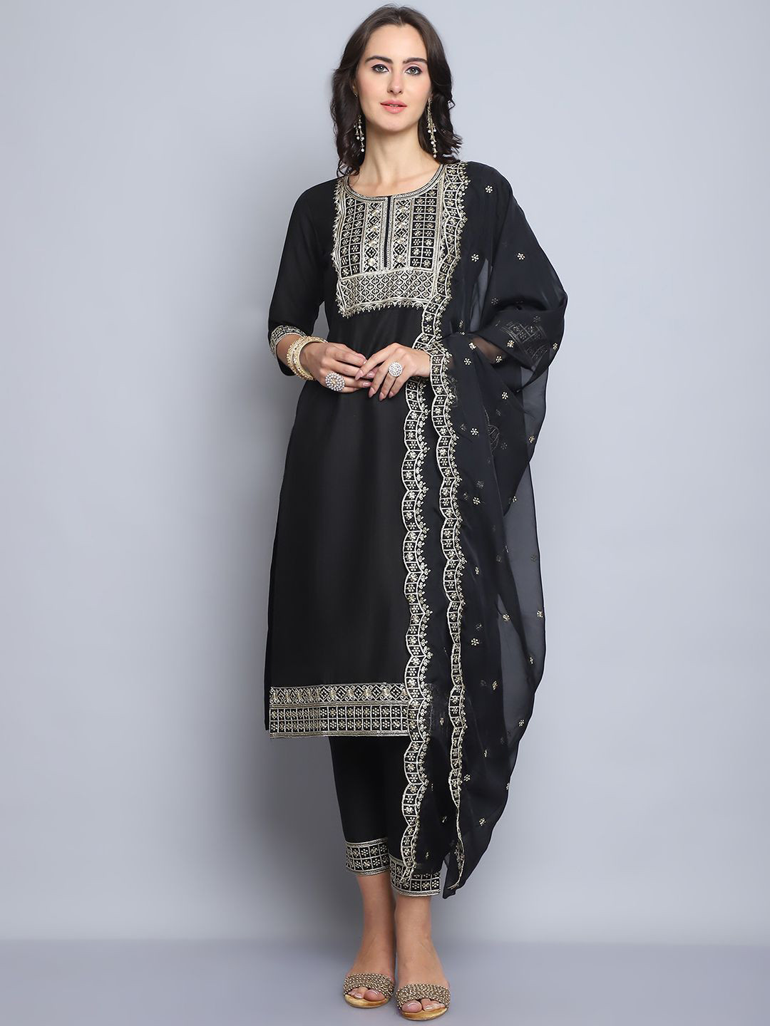 

KALINI Ethnic Motifs Embroidered Pure Silk Straight Kurta with Trousers & Dupatta, Black