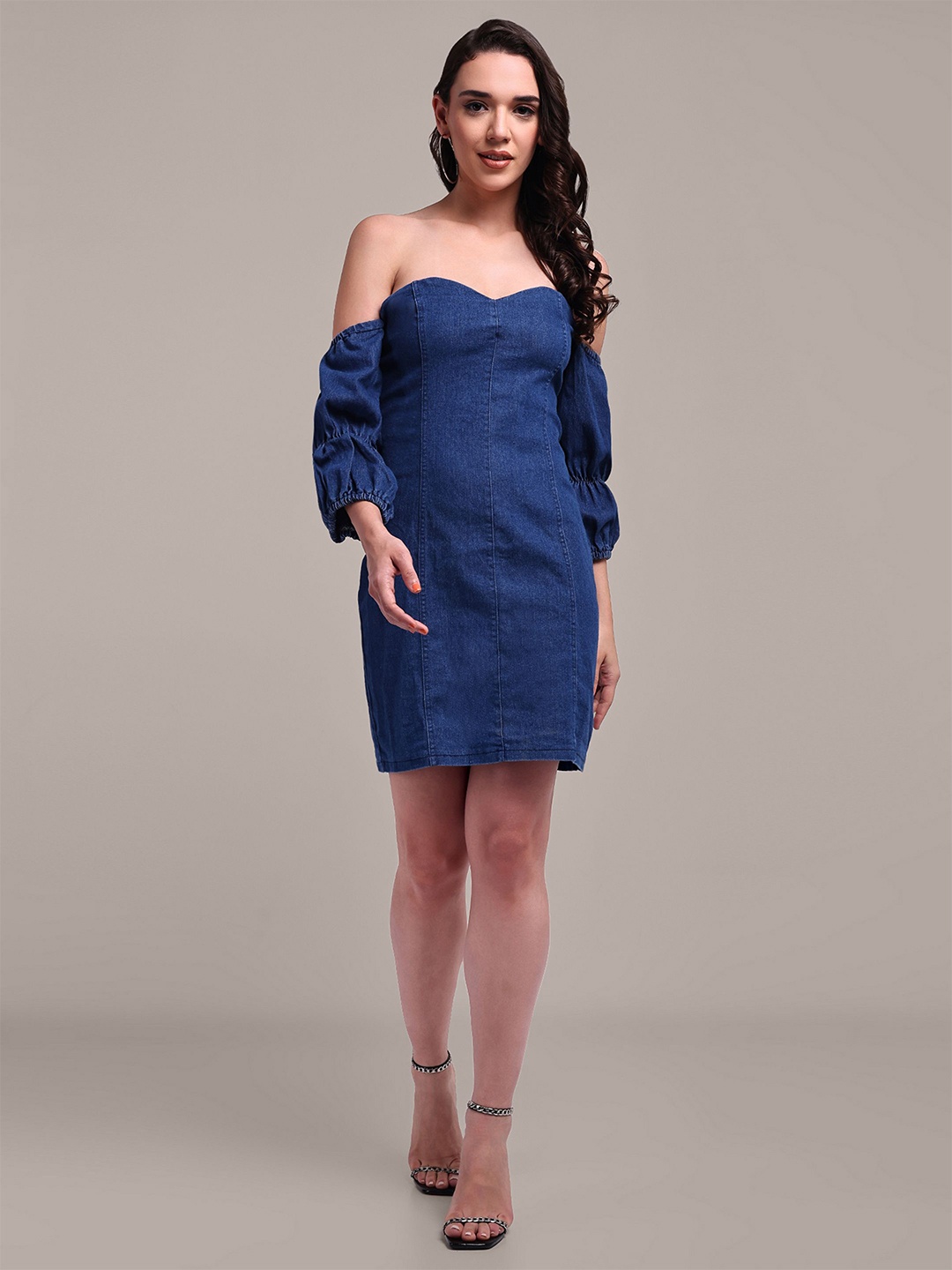 

iki chic Off-Shoulder Puff Sleeve Denim Sheath Dress, Blue