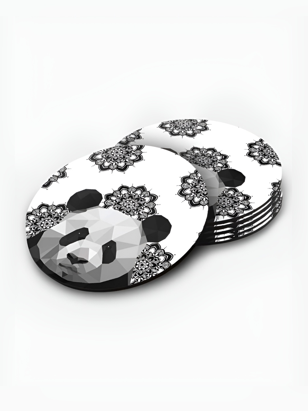 

macmerise White & Grey 6 Pieces Printed Round Wooden Coasters