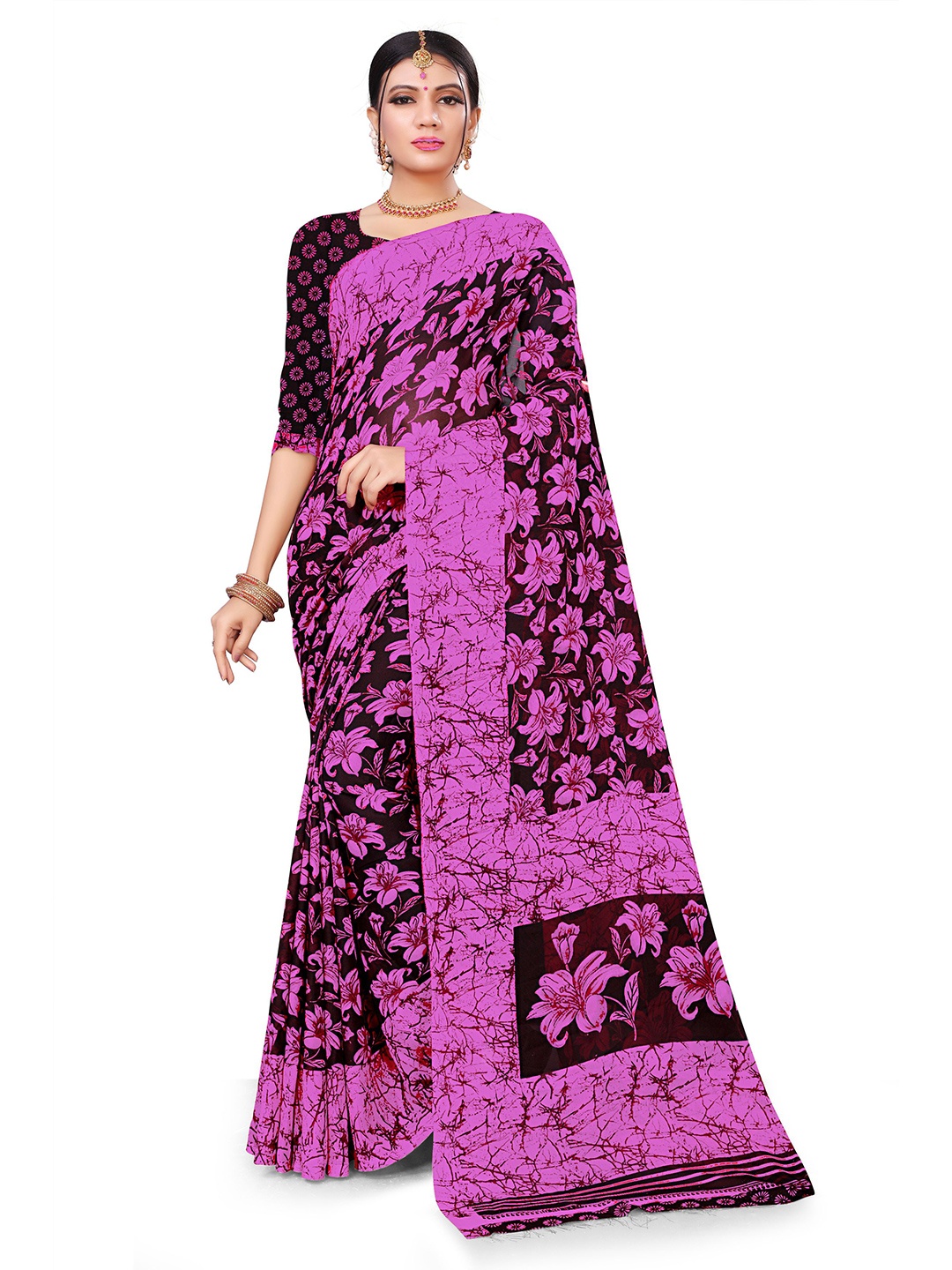 

RUNAYA NX Printed Floral Pure Georgette Saree, Pink