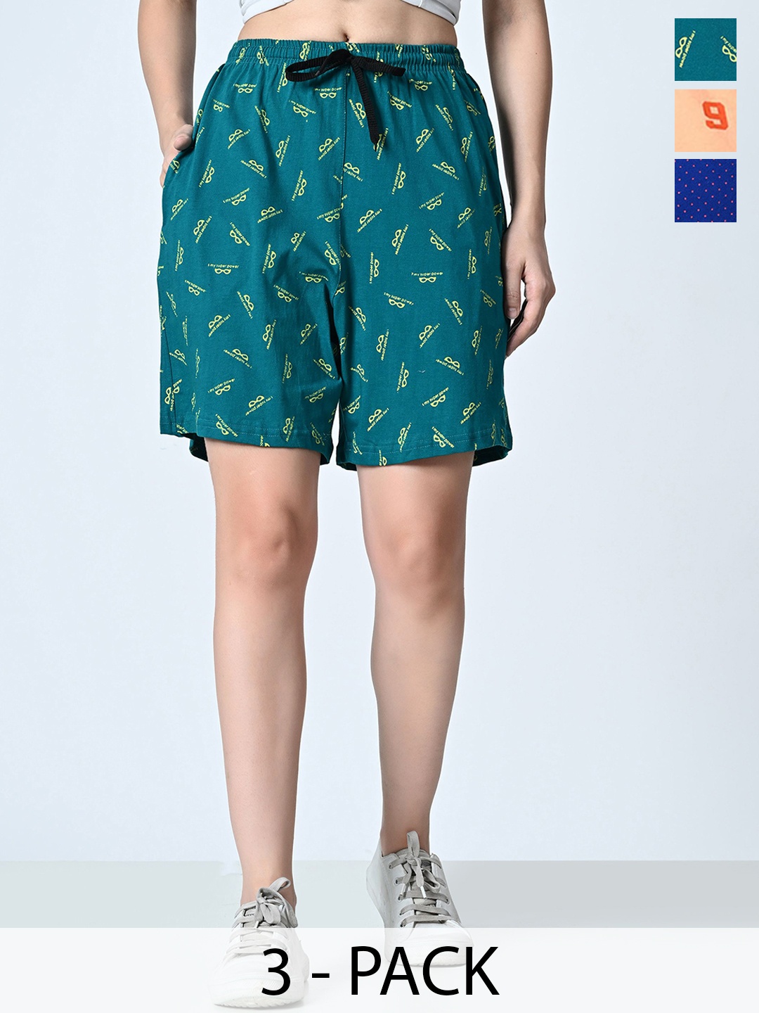 

BAESD Pack Of 3 Women Printed High-Rise Pure Cotton Shorts, Green