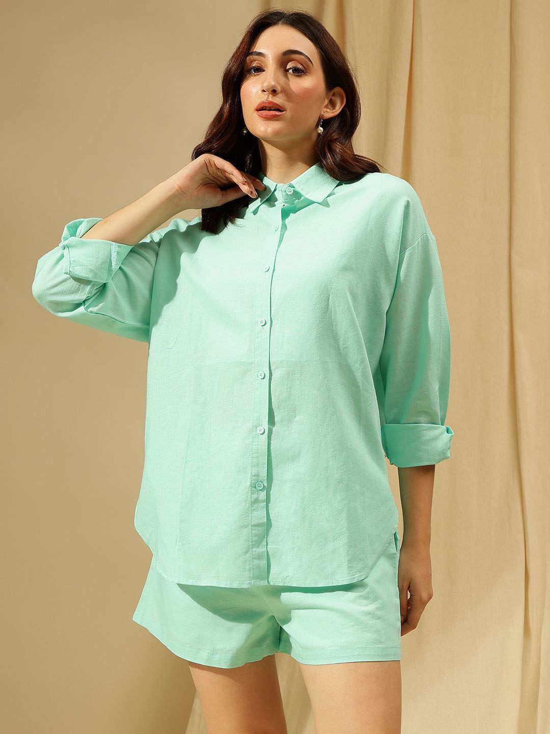 

Xpose Spread Collar Pure Cotton Casual Shirt With Shorts, Blue