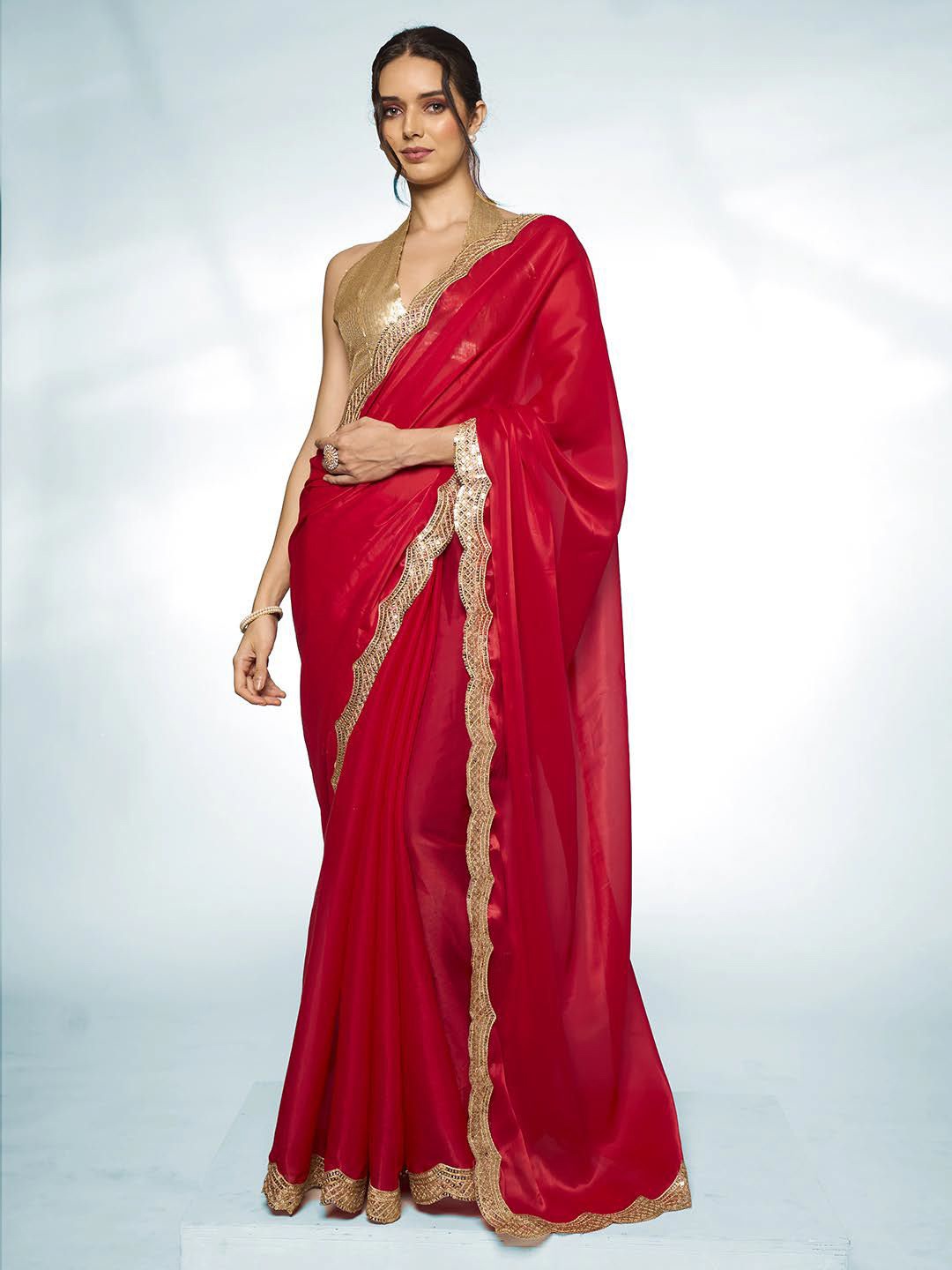 

Kalista Sequinned Organza Saree, Red