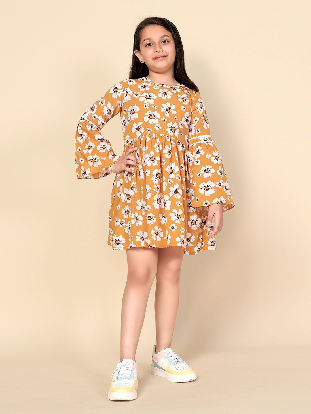 

BAESD Girls Floral Printed Bell Sleeve Crepe Fit & Flare Mini Dress, Mustard