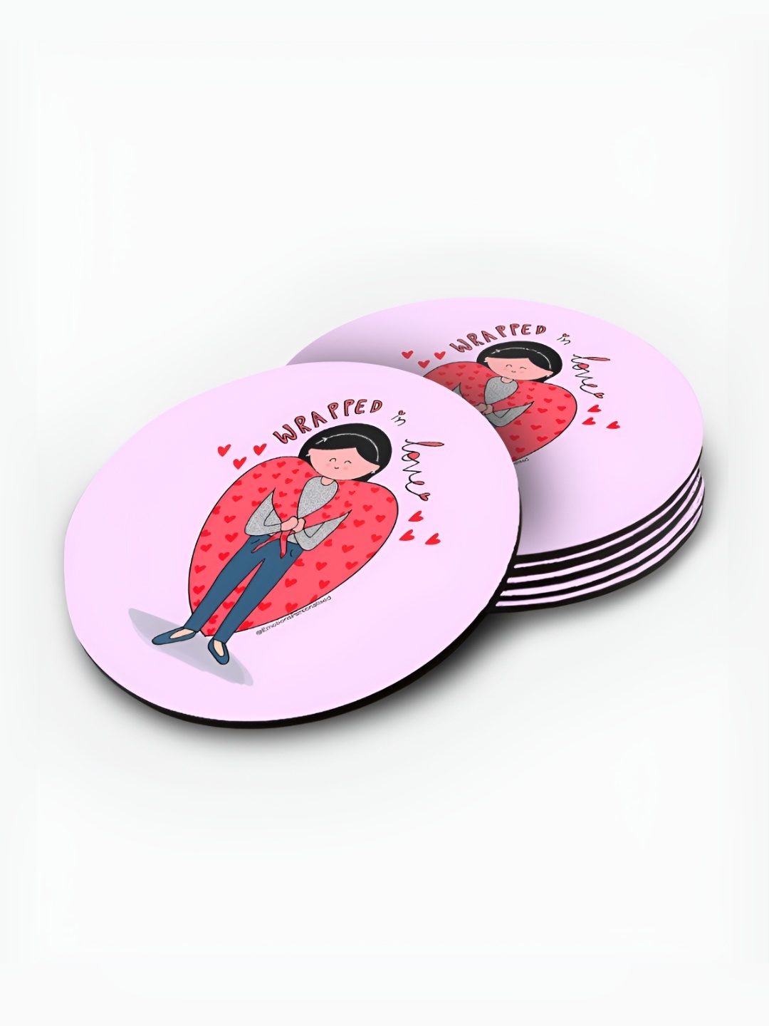 

macmerise Pink & Red 6 Pieces Printed Wooden Circular Coasters