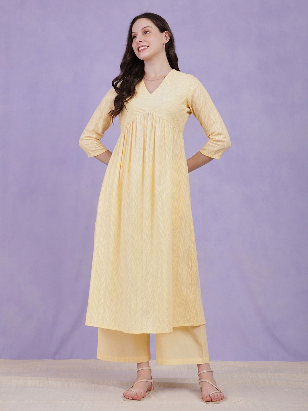 

Pink Fort Self Design V Neck Empire Cotton Jacquard A-Line Kurta, Yellow