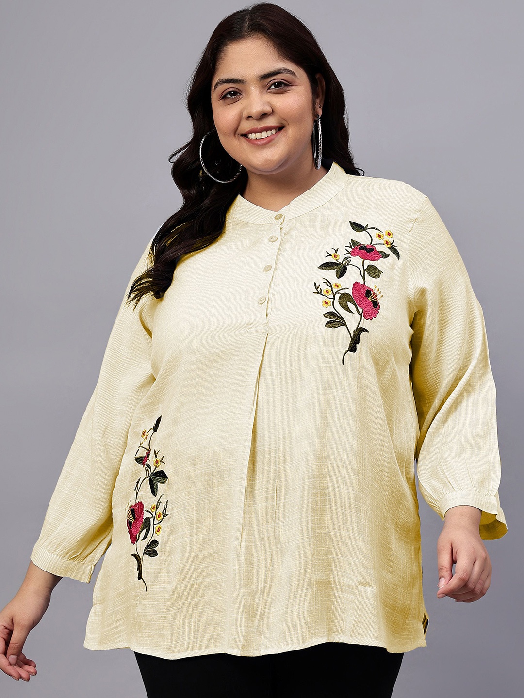 

Indietoga Women Plus Size Floral Printed Embroidered Mandarin Collar Cotton Top, Yellow