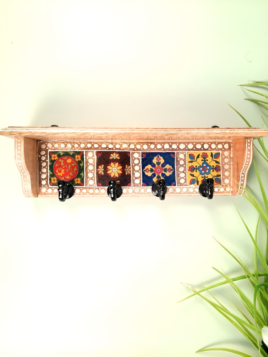 

apka mart Brown & Black Printed Wooden Shelf With Wall Hooks Key Holder
