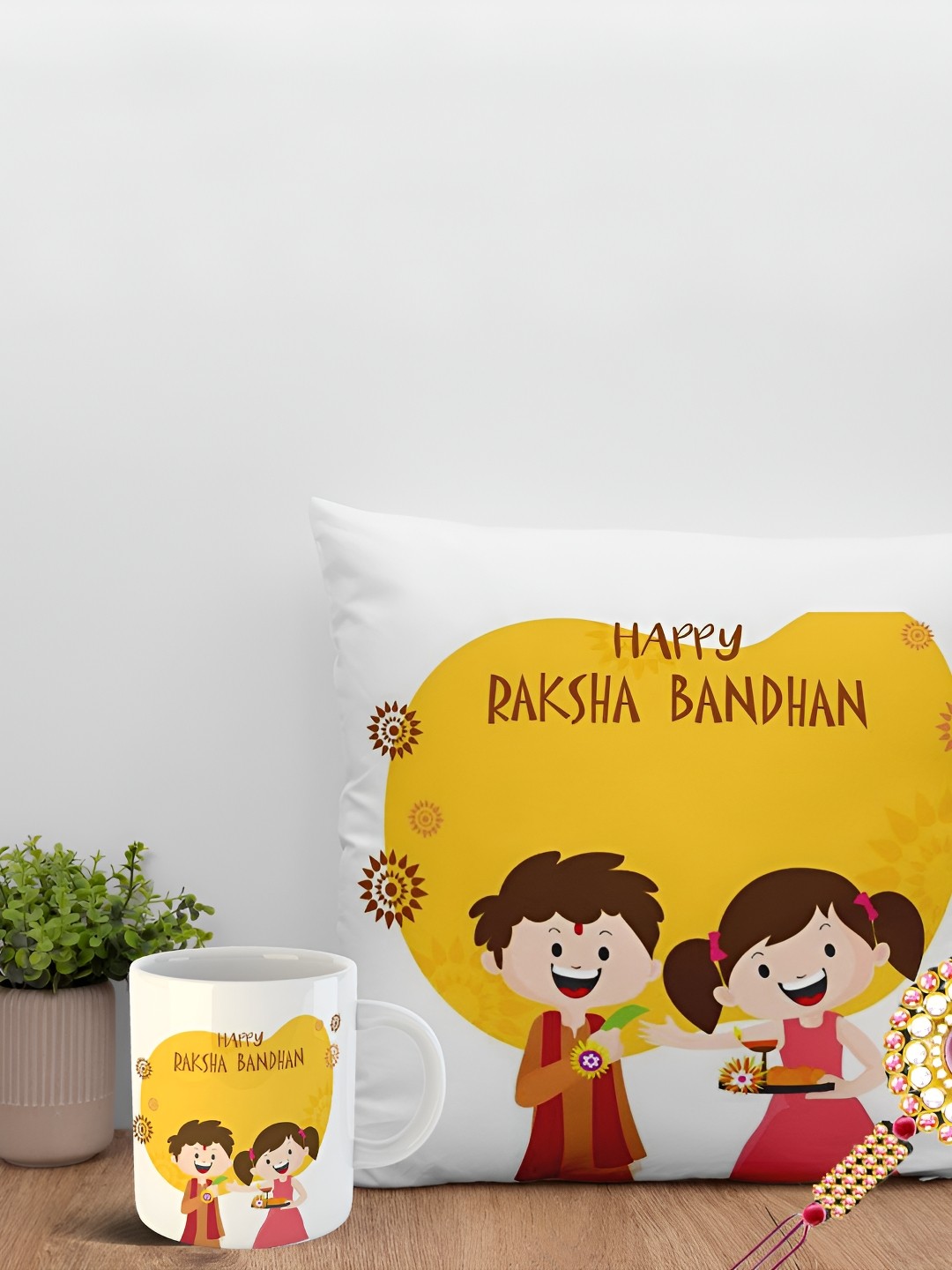 

ARTBUG Set of 3 Rakhi With Printed Cushion Cover & Mug, White