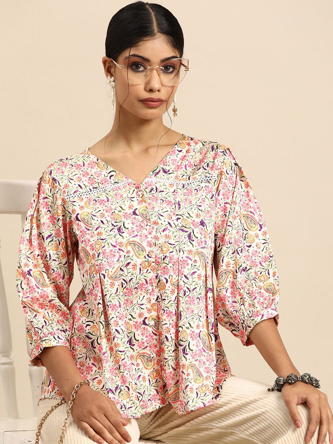 

all about you Women Floral Printed V-Neck Top, Peach