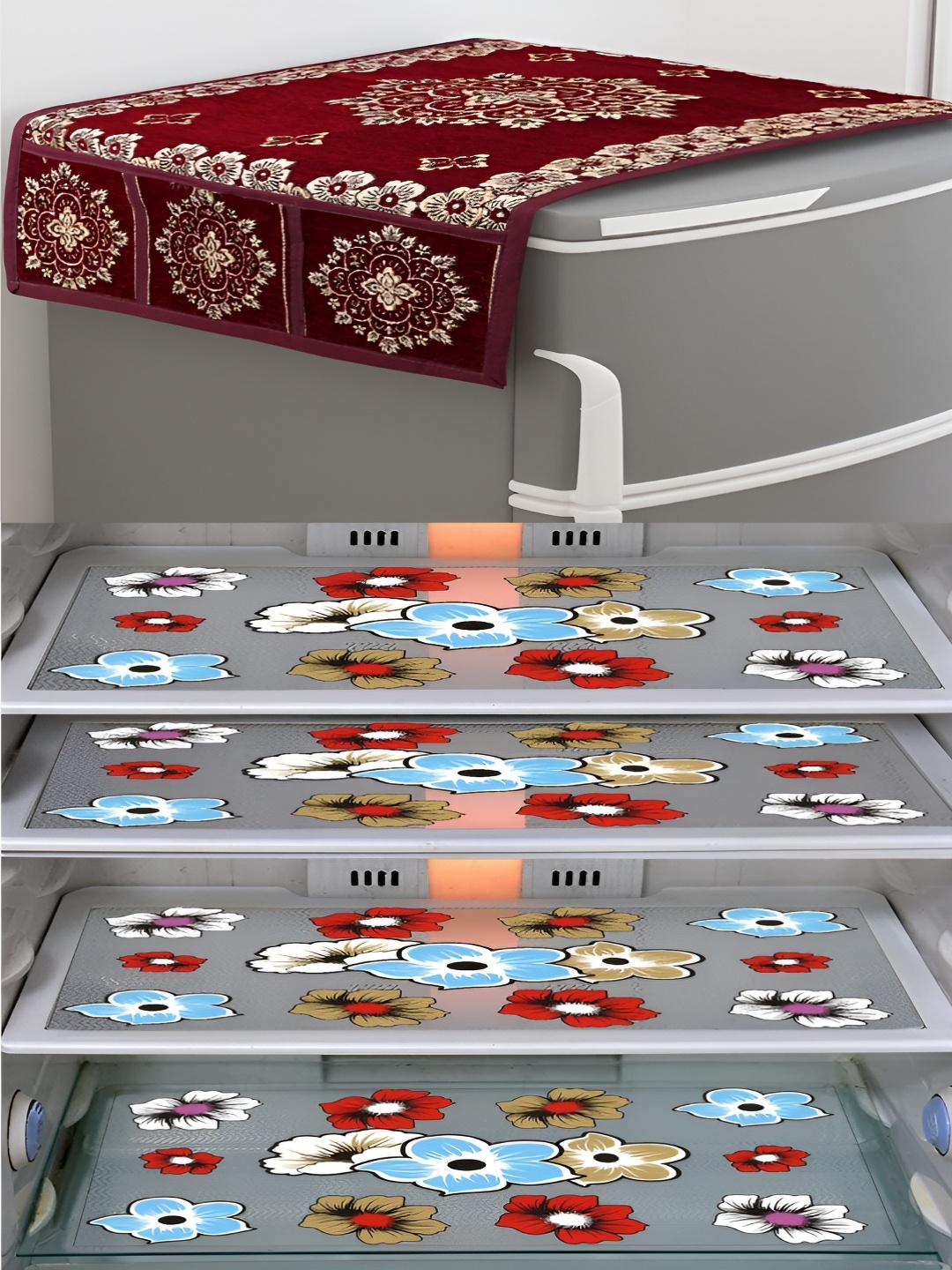 

Dakshya Industries Maroon & Red 5 Pieces Printed Fridge Cover With Mats