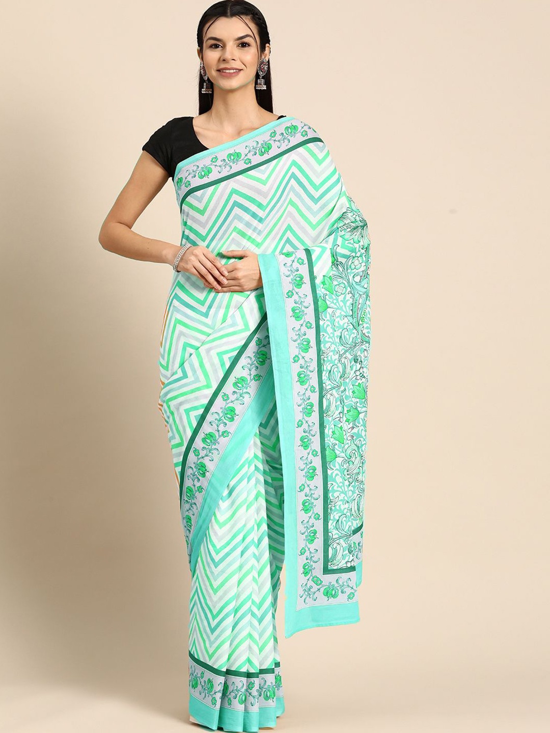 

BUTA BUTI Floral Printed Geomatric Pure Cotton Saree, Sea green