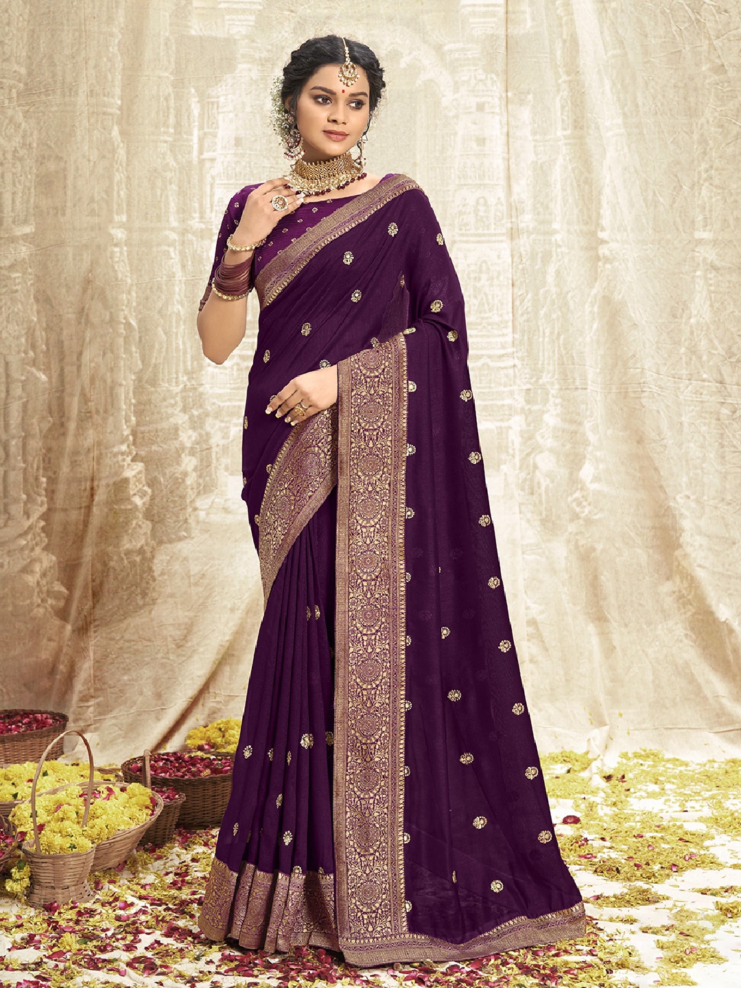 

NIRMAL CREATION Embroidered Ethnic Motifs Zari Pure Silk Saree, Purple